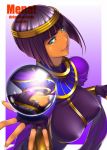  bangs blunt_bangs bob_cut bracelet breasts commentary covered_nipples crystal_ball dark_skin fingerless_gloves gloves green_eyes jewelry ken19941028 large_breasts looking_at_viewer menat purple_hair reflection short_hair smile solo street_fighter street_fighter_v tiara usekh_collar 