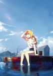  1girl :d ahoge arm_at_side arm_up bangs blonde_hair blue_sky blush boat building cloud commentary commission crop_top day eyebrows_visible_through_hair food fruit gabriel_dropout hair_between_eyes long_hair mountainous_horizon ocean open_mouth outdoors pear red_eyes shirt shirt_over_swimsuit sitting sketch_eyebrows sky smile solo sunlight tamomoko tenma_gabriel_white wading water watercraft white_shirt 