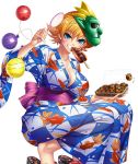  1girl animal_print bangs blue_eyes blue_kimono blush blush_stickers breasts cleavage curvy eating eyebrows_visible_through_hair female fish fish_print food goldfish goldfish_scooping hair_ornament happy highres holding igawa_sakura japanese_clothes kagami_hirotaka kimono lantern large_breasts lilith-soft looking_at_viewer mask mask_on_head mouth_hold obi official_art oni_mask orange_hair outdoors sash shiny shiny_hair shiny_skin short_hair simple_background smile solo squatting taimanin_(series) taimanin_asagi taimanin_asagi_battle_arena takoyaki white_background yukata 