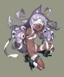  ahoge amrkdrw animal_ears bandaged_leg bandages bare_shoulders belt belt_buckle black_belt black_footwear blindfold boots breasts buckle claws cleavage dark_skin fang full_body groin highres leg_belt long_hair navel open_mouth original paws purple_hair small_breasts solo squatting stomach tail very_dark_skin wolf_ears wolf_girl wolf_paws wolf_tail 