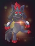  2015 3_fingers 3_toes absurd_res alternate_species ambiguous_gender black_fur canine digital_media_(artwork) fur fusion green_eyes hi_res hybrid mammal nintendo pok&eacute;mon pok&eacute;mon_(species) pok&eacute;mon_fusion riolu semi-anthro seoxys6 solo teal_eyes toes url video_games watermark zorua 