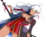  ahoge ass_visible_through_thighs bangs breasts cleavage closed_mouth collarbone commentary_request cowboy_shot dark_skin dutch_angle fate/grand_order fate_(series) gold_trim green_eyes hair_between_eyes hair_ornament hand_up katana large_breasts legs_apart light_frown long_hair long_sleeves looking_at_viewer miyakawa106 okita_souji_(alter)_(fate) okita_souji_(fate)_(all) panties pantyshot pantyshot_(standing) red_panties serious shiny shiny_skin simple_background solo standing sword tassel underwear v-shaped_eyebrows weapon white_background white_hair 