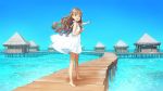  :d bangs barefoot blue_sky blunt_bangs bracelet brown_hair commentary_request day dress flower green_eyes hair_flower hair_ornament highres hut jewelry long_hair looking_at_viewer ooyari_ashito open_mouth original outdoors pier pointing sky smile solo stilt_house sundress water wavy_hair white_dress 
