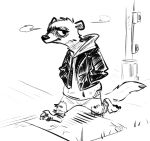  2018 anthro barefoot black_and_white claws clothed clothing eye_markings ferret hands_in_pockets hoodie male mammal markings monochrome mustelid nobby_(artist) outside pawpads solo standing toe_claws 