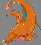  2017 agitype01 alex30437 animal_genitalia anus blue_eyes blush butt butt_grab charizard claws disembodied_hand dragon embarrassed erection feral fire flaming_tail genital_slit grey_background hand_on_butt looking_back male membranous_wings nintendo nude orange_skin penis pok&eacute;mon pok&eacute;mon_(species) raised_tail rear_view shiny simple_background slit solo solo_focus spread_butt spreading sweat tapering_penis video_games wings 