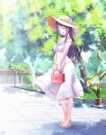  bag blush breasts closed_eyes day dress handbag hat highres long_hair open_mouth original outdoors purple_hair smile solo straw_hat sundress sunlight tree v-mag 