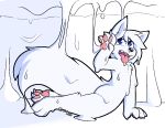  ambiguous_gender assimilation blue_eyes butt canine changed_(video_game) fluffy fur goo goo_creature grimev lying mammal nude paws rubber slime solo tongue tongue_out transformation white_fur wolf 