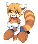  aggressive_retsuko big_breasts breasts clothing cute female kneeling mammal red_panda retsuko simple_background slugbox solo undressing white_background 