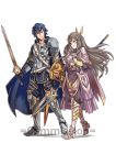  1girl blue_hair breastplate brown_eyes cape commission crown fire_emblem fire_emblem:_kakusei gauntlets greaves gzei holding holding_shield holding_spear holding_sword holding_weapon krom long_hair pauldrons polearm shield smile spear sumia sword watermark weapon white_background 