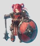  armor bangs belt boots brown_eyes dwarf full_body gauntlets grey_background hair_rings kuroi_susumu mace multicolored_hair official_art parted_bangs planted_weapon red_hair shield shoulder_armor simple_background smile solo standing sword_world sword_world_2.5 tabard two-tone_hair weapon 