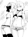  ahoge alcohol artoria_pendragon_(all) ass bare_shoulders beer bikini_top blush bow breasts cleavage commentary_request cup fate/grand_order fate_(series) greyscale groin hair_between_eyes hair_bow hair_bun highres iriehana jeanne_d'arc_(alter)_(fate) jeanne_d'arc_(fate)_(all) large_breasts leaning_forward looking_at_viewer monochrome mug multiple_girls navel profile saber_alter short_hair shorts sparkle swimsuit thighhighs 