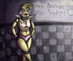  2018 animatronic anthro avian bib bird breasts chicken clothed clothing dialogue digital_media_(artwork) english_text female five_nights_at_freddy&#039;s five_nights_at_freddy&#039;s_2 glowing glowing_eyes graffiti half-closed_eyes homo_the_domo looking_at_viewer machine not_furry open_mouth panties robot sharp_teeth smile solo teeth text toy_chica_(fnaf) underwear video_games 