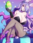  1girl bare_shoulders blush breasts bunny_ears bunnysuit camilla_(fire_emblem_if) cleavage easter easter_egg egg fire_emblem fire_emblem_heroes fire_emblem_if hair_over_one_eye huge_breasts legs_crossed long_hair looking_at_viewer pantyhose purple_eyes purple_hair redrabbu sitting smile very_long_hair wavy_hair 