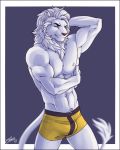  2018 5_fingers abs anthro biceps briefs bulge clothed clothing eyebrows feline feralise green_eyes hair half-closed_eyes hand_behind_head lion male mammal mane muscular muscular_male neck_tuft pink_nose solo standing topless tuft underwear white_hair white_skin 