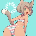 animal_ears ass bikini brown_hair cat_ears cat_girl cat_tail eco_(petticoat) fang freckles from_behind green_eyes looking_at_viewer looking_back original short_hair smile solo striped striped_bikini striped_swimsuit swimsuit tail 