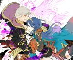  1girl blue_eyes blue_hair cape dark_persona evil_smile falchion_(fire_emblem) fingerless_gloves fire_emblem fire_emblem:_kakusei fire_emblem_heroes gimurei gloves hood hug long_hair looking_at_viewer lucina male_my_unit_(fire_emblem:_kakusei) my_unit_(fire_emblem:_kakusei) open_mouth red_eyes robe sasaki_(dkenpisss) short_hair smile sword tiara torn_clothes weapon white_hair 