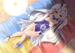  after_sex arms_up azur_lane blush breasts censored commentary_request cum cum_in_pussy grey_hair hat iron_cross jacket lens_flare long_hair looking_at_viewer lying shadow small_breasts solo straw_hat swimsuit takara_akihito tattoo yellow_eyes z46_(azur_lane) 