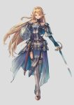 belt blue_eyes braid buckler elf full_body grey_background highres kuroi_susumu long_hair looking_at_viewer official_art pointy_ears pouch sheath shield solo standing sword_world sword_world_2.5 thighhighs very_long_hair 