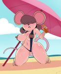  2018 4_fingers anthro areola beach beach_umbrella big_breasts bikini black_nose blush breasts clothed clothing detailed_background female hair hair_over_eyes hi_res holding_object ineffective_clothing kneeling mammal mcsweezy mouse navel nipples outside rodent seaside short_hair skimpy sling_bikini solo sweat swimsuit thick_thighs 