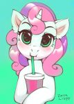  &lt;3 &lt;3_eyes 2018 beverage blush bust_portrait cup cute drinking equine eyebrows eyelashes female feral food friendship_is_magic gradient_background green_background green_eyes hair hi_res holding_food holding_object hooves horn lispp looking_at_viewer mammal multicolored_hair my_little_pony nude pink_hair portrait puffed_cheeks purple_hair signature simple_background solo straw sweetie_belle_(mlp) two_tone_hair unicorn 