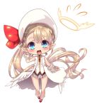  angel angel_wings blonde_hair blue_eyes blush braid chibi commentary_request french_braid full_body halo liliana_hart long_hair open_mouth pointy_ears ponytail pop-up_story raranokusu skirt smile solo st._feles_gakuen_uniform wings 