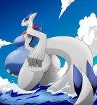  2018 absurd_res anthro bandanna belly big_belly big_butt blue_eyes blue_skin blush breasts butt cloud female hand_on_butt hand_on_stomach hi_res legendary_pok&eacute;mon long_tail looking_at_viewer lugia nintendo nipples nude pok&eacute;mon pok&eacute;mon_(species) pregnant sky smile thick_thighs vale-city video_games water white_skin 