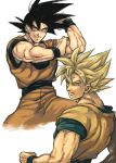  black_hair blonde_hair clone cowboy_shot dragon_ball dragon_ball_z expressionless fighting_stance green_eyes hand_on_own_arm looking_at_viewer looking_away male_focus multiple_views nitako serious short_hair simple_background smile son_gokuu spiked_hair spread_legs super_saiyan upper_body white_background wristband 
