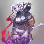  2018 akieta_perrean amulet anthro argonian armor belt big_breasts breasts clothing dagger detailed drawing_sword eyelashes female hand_behind_back horn looking_at_viewer melee_weapon pink_eyes potion ribbons scales scalie shield simple_background skygracer solo standing sword the_elder_scrolls thong vial video_games weapon white_scales 
