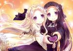  54hao black_hair blush hair_ornament heart heart_hands heart_hands_duo highres long_hair looking_at_viewer multiple_girls original purple_eyes siblings smile twins white_hair 