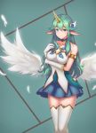  alternate_costume alternate_hair_color angel_wings arm_under_breasts blush breast_hold breasts elbow_gloves gloves green_eyes green_hair hair_ornament highres holding horn large_breasts league_of_legends long_hair looking_at_viewer magical_girl miniskirt pleated_skirt pointy_ears qq913164221 shiny shiny_skin skirt smile solo soraka staff standing star_guardian_soraka thighhighs white_gloves white_legwear wings zettai_ryouiki 