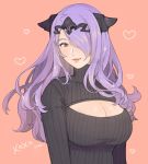  breasts camilla_(fire_emblem_if) cleavage cleavage_cutout dress fire_emblem fire_emblem_if hair_over_one_eye highres jivke long_hair looking_at_viewer meme_attire naked_sweater open-chest_sweater purple_eyes purple_hair ribbed_sweater smile solo sweater sweater_dress turtleneck very_long_hair wavy_hair 