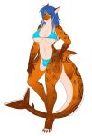 anthro bikini breasts bulge clothed clothing dickgirl fish hair intersex kitsunewaffles-chan looking_at_viewer marine markings shark simple_background smile solo standing swimsuit white_background 