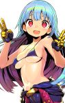  :d bikini blue_bikini blue_hair breasts double_v kula_diamond long_hair looking_at_viewer medium_breasts navel open_mouth red_eyes shunin simple_background smile solo swimsuit the_king_of_fighters v white_background 