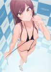  absurdres bangs bikini bikini_pull black_bikini blurry blush breasts brown_hair closed_mouth collarbone commentary_request depth_of_field eyebrows_visible_through_hair foreshortening from_above hand_gesture highres hips idolmaster idolmaster_shiny_colors long_hair looking_at_viewer looking_up medium_breasts micro_bikini navel nipples oosaki_amana q_(ed69) sandals smile solo standing step_and_repeat swept_bangs swimsuit thighs v yellow_eyes 