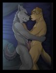  2018 5_fingers andrew_oleander anthro blush brown_eyes butt canine cooper_estevez cum digital_media_(artwork) dog duo erection frottage fur golden_retriever green_eyes grey_fur humanoid_penis jackaloo male male/male mammal nude open_mouth penis sex tan_fur teeth wolf 