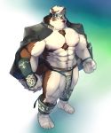  2018 abs absurd_res anthro biceps bozi canine clothing digital_media_(artwork) fur headband hi_res horkeukamui male mammal multicolored_fur muscular muscular_male nipples pecs simple_background solo tokyo_afterschool_summoners white_fur wolf 