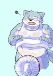  anthro argent_cookie belly blush bottomless canine clothed clothing convenient_censorship dog male mammal mechanical_fan moritaka navel scar shirt slightly_chubby solo sweat tank_top tokyo_afterschool_summoners 