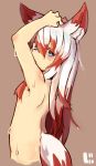  animal_ears arms_up blue_eyes breasts convenient_censoring fox_ears fox_tail hair_censor hair_over_breasts hands_on_own_head highres long_hair multicolored_hair nude original red_hair small_breasts tail tears two-tone_hair wet white_hair zizi_niisan 