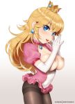  1girl areolae artist_name blonde_hair blue_eyes breasts breasts_out crown dress earrings elbow_gloves eyebrows_visible_through_hair jewelry long_hair looking_at_viewer mm_(artist) nintendo nipples open_mouth pantyhose parted_lips patreon princess_peach solo super_mario_bros. 