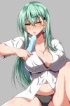  absurdres aqua_hair ar_(lover_boy) bangs black_panties blush breasts cleavage collarbone collared_shirt commentary_request eyebrows_visible_through_hair eyes_visible_through_hair food green_eyes grey_background hair_ornament hairclip highres holding holding_food kantai_collection knee_up large_breasts long_hair looking_at_viewer navel open_mouth panties partially_unbuttoned popsicle sexually_suggestive shiny shiny_skin shirt sidelocks simple_background sitting solo spread_legs stomach suzuya_(kantai_collection) sweat tongue tongue_out underwear wet wet_clothes wet_shirt white_shirt 