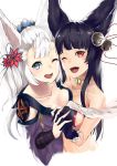  :d animal_ears bangs bare_shoulders bell black_hair blue_eyes blunt_bangs breasts cleavage collarbone commentary_request erune eyebrows_visible_through_hair eyelashes fang fox_ears fox_girl gloves granblue_fantasy hair_bell hair_ornament highres interlocked_fingers jingle_bell long_hair long_sleeves looking_at_viewer medium_breasts multiple_girls open_mouth partial_commentary raised_eyebrows red_eyes shikioriori_(siki_mim) sideboob simple_background smile socie_(granblue_fantasy) wavy_hair white_background white_hair yuel_(granblue_fantasy) 
