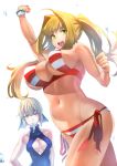  absurdres ahoge artoria_pendragon_(all) artoria_pendragon_(swimsuit_rider_alter) bangs bare_shoulders bead_bracelet beads bikini black_bow black_dress blonde_hair bow bracelet breasts cleavage cleavage_cutout collarbone commentary_request criss-cross_halter dress earrings eyebrows_visible_through_hair fate/extra fate/grand_order fate/stay_night fate_(series) food fujitsubo_(hujitubo0731) green_eyes hair_between_eyes hair_bow hair_intakes halter_top halterneck hand_up highres hips jewelry large_breasts long_hair looking_at_viewer medium_breasts multiple_girls navel nero_claudius_(fate)_(all) nero_claudius_(swimsuit_caster)_(fate) open_mouth popsicle red_bikini saber_alter side-tie_bikini simple_background smile striped striped_bikini swimsuit thighs tied_hair twintails white_background yellow_eyes 
