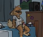  anthro balls bottomless canine clenched_teeth clothed clothing cum cumshot dog ejaculation erection eyes_closed male mammal masturbation orgasm penis retracted_foreskin shirt sitting solo t-shirt teeth tinydeerguy tissues uncut 