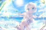  aisudare bikini blue_eyes blush breasts large_breasts looking_at_viewer oppai_loli rainbow sailor_collar short_hair smile solo swimsuit water water_drop wet white_hair 