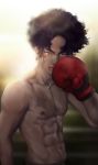  abs absurdres aki! black_hair blood blood_on_face blurry blurry_background boxing_gloves chest gloves hand_up highres joe_(megalo_box) looking_at_viewer male_focus megalo_box navel nipples red_gloves scarf shirtless solo standing 