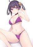  ahoge azur_lane bikini black_choker black_hair breasts cameltoe chiune_(yachi) choker cowboy_shot feet_out_of_frame hair_rings hairband long_hair looking_at_viewer medium_breasts navel ning_hai_(azur_lane) purple_bikini purple_eyes simple_background sitting solo swimsuit twintails white_background 