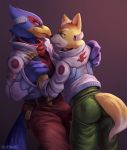  anthro avian bird bulge butt canine clothed clothing falco_lombardi fox fox_mccloud hug male male/male mammal nintendo nurinaki star_fox video_games 