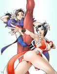  2girls arikawa ass black_hair breasts brown_hair capcom chun-li cleavage crossover high_kick highres kicking king_of_fighters legs mai_shiranui multiple_girls open_mouth panties pantyhose pantyshot ponytail shiranui_mai snk spread_legs street_fighter underwear 