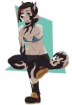  2018 anthro bikini bikini_top black_nose blue_eyes boots breasts canine clothed clothing collar crossed_legs dog female footwear hair hairclip highlights husky inner_ear_fluff kiba_(leokingdom) leokingdom looking_away mammal markings multicolored_hair navel red_highlights short_hair shorts sitting small_breasts solo swimsuit two_tone_hair 