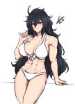  absurdres airisubaka bikini black_hair breasts commentary daidouji_(senran_kagura) highres long_hair mole mole_under_eye muscle muscular_female red_eyes senran_kagura signature simple_background swimsuit 